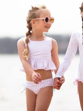 Girls Wildling Sundae Stripe 2pc Tankini Swimsuit Pink Aqua Blue Ruffled size 6